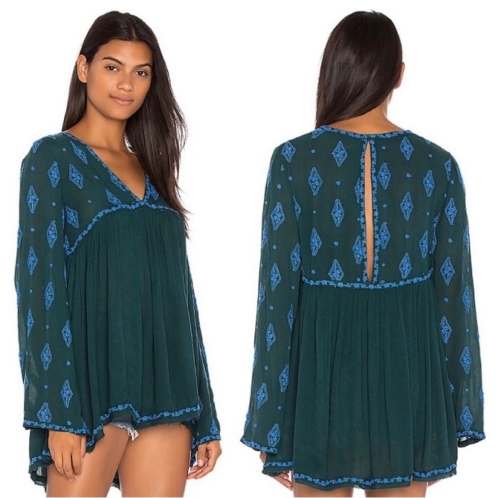 Free People Diamond Embroidered Bell Long Sleeves Top Dark Green